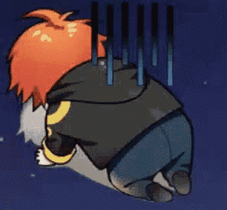 a cartoon of a person kneeling down with a hoodie on and tears coming out of his eyes .