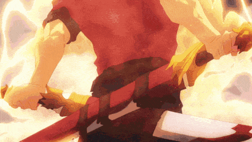 a man in a red shirt is holding a sword with flames behind him