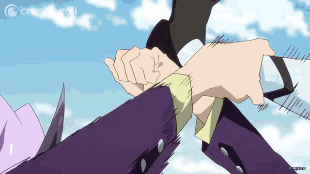 a cartoon of a man holding another man 's hand with crunchyroll written in the corner