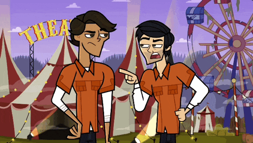 two cartoon characters standing in front of a tent that says thea on it