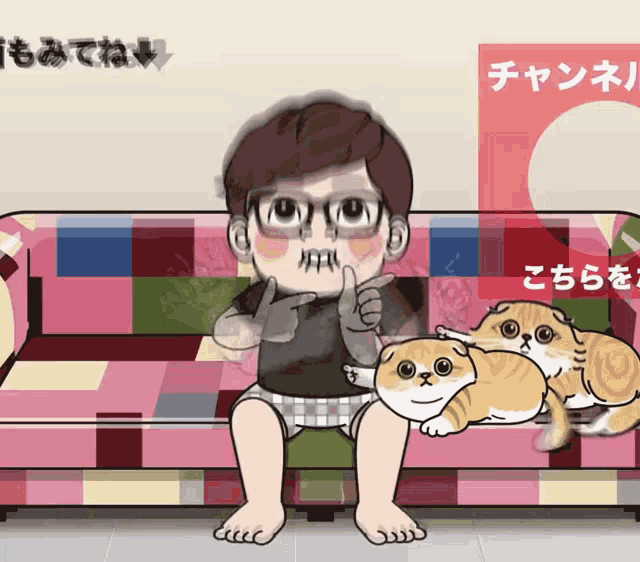 a cartoon drawing of a man sitting on a couch with two cats