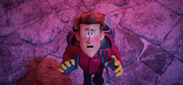 a cartoon character with a surprised look on his face is holding a controller .
