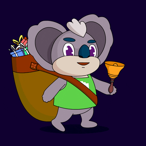 a cartoon koala bear carrying a bell and a bag of gifts