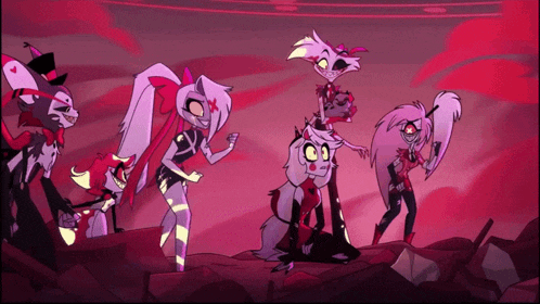 a group of cartoon characters are standing next to each other on a red background