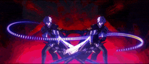 a cartoon character is holding a sword in a purple circle