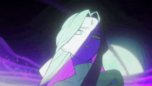 a cartoon drawing of a woman with purple hair and a purple background