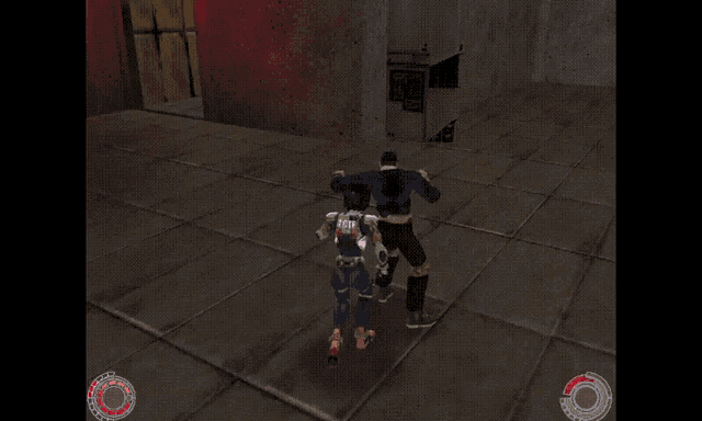 a video game shows a person kicking another person with a red light behind them