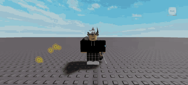 a cartoon character with a crown on his head is standing on a brick floor