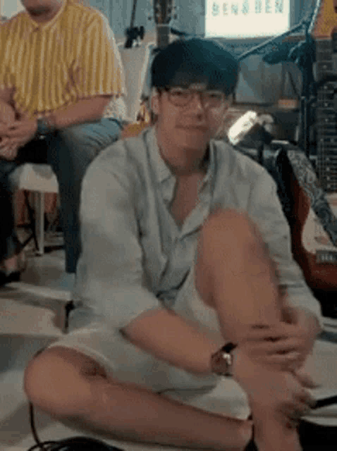 a man wearing glasses is sitting on the floor with his legs crossed .