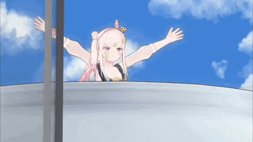 a 3d anime girl is standing on top of a building with her arms outstretched and a blue sky in the background .