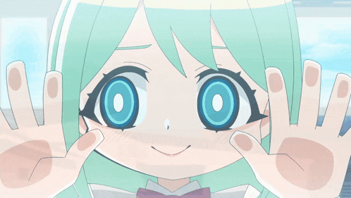 a cartoon girl with green hair and blue eyes is making a funny face