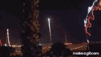 a fireworks display is taking place in the sky at night .