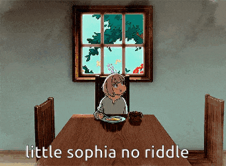 a little sophia no riddle poster with a girl sitting at a table with a plate of food