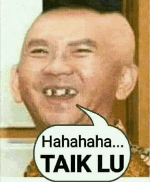 a bald man is laughing with a speech bubble that says ' hahahaha taik lu ' .