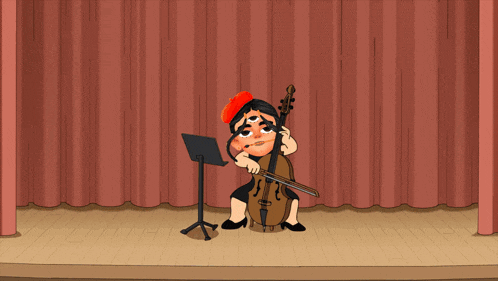 a cartoon drawing of a woman playing a cello on stage