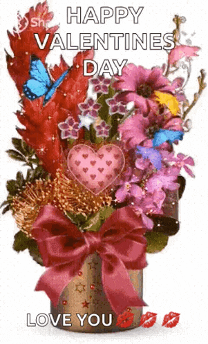 a happy valentine 's day greeting card with a vase of flowers and butterflies