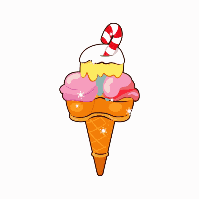 a colorful ice cream cone with candy cane on top