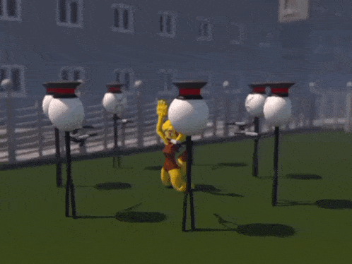 a cartoon character is kneeling down in front of a bunch of lamps