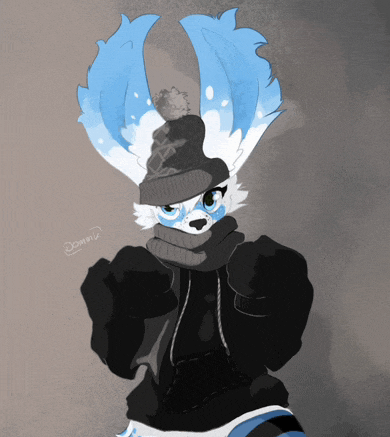 a drawing of a furry character with a hat and scarf with the numbers 12 on the bottom right
