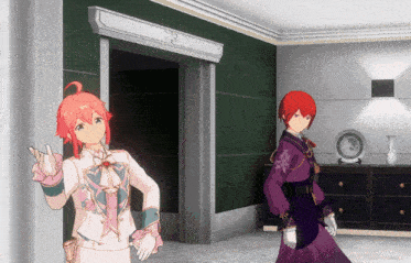two anime characters are standing in a room with a green wall and a sign that says ' x ' on it