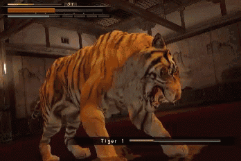 a man is fighting a tiger in a video game and the tiger has 3t on its health bar