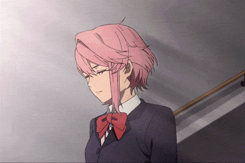 a girl with pink hair is wearing a school uniform