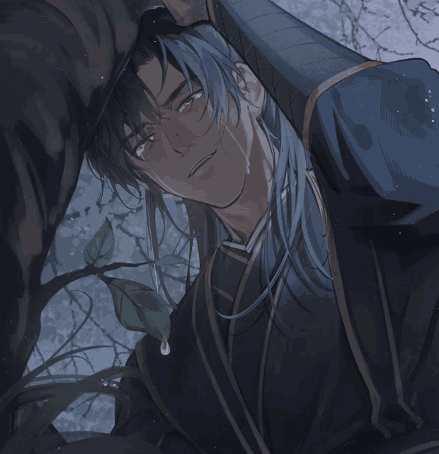 a drawing of a man with long blue hair and a tear running down his face