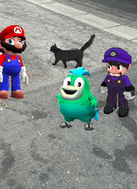 mario and luigi are standing next to a green monster and a black cat on the sidewalk