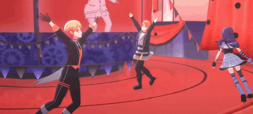 a group of anime characters are dancing in a circle on a stage