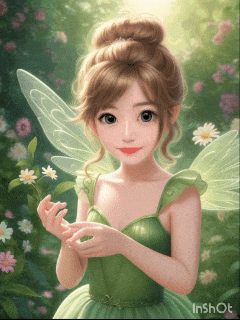 a fairy in a green dress with wings is holding flowers