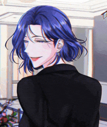 a man with blue hair is wearing a black jacket and smiling