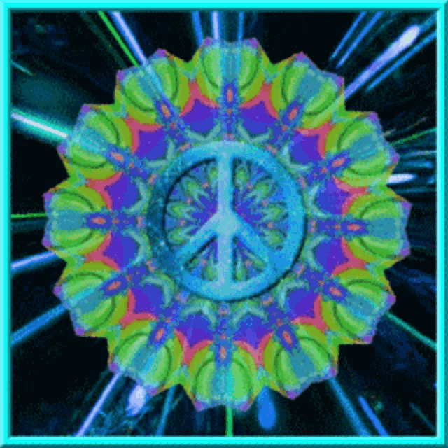 a peace sign is in the center of a colorful circular pattern