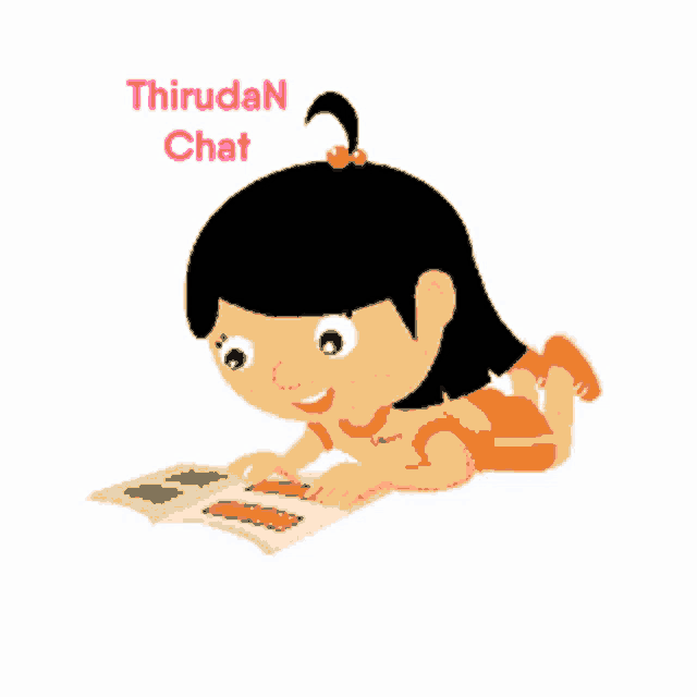 a cartoon of a girl reading a book with the words thirudan chat written above her