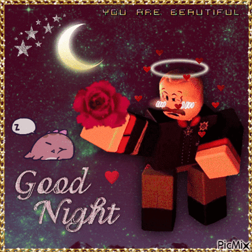 a picture of a man holding a rose with the words good night on the bottom