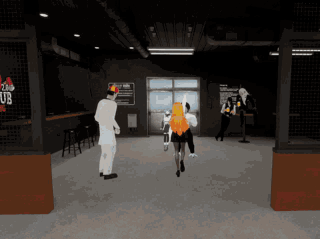 a group of people are standing in a room with a sign that says zombie club