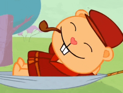 a cartoon character laying in a hammock with a pipe in his mouth .