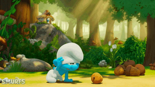 a smurf in a cartoon scene with the word smurfs on the bottom