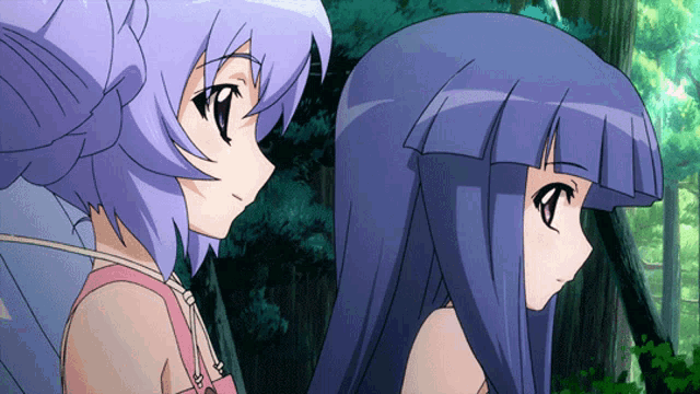 two anime girls are standing next to each other and looking at each other
