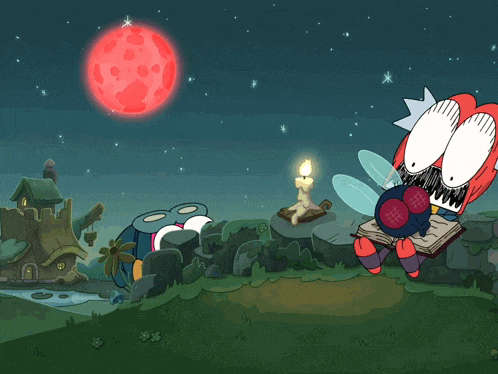 a cartoon character is holding a yellow stick in front of a red moon