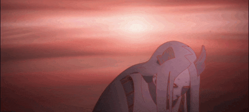 a silhouette of a woman with horns is against a red sky