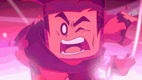 a close up of a cartoon character 's face with a sword in his hand