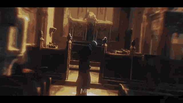 a painting of a person in a church with the letter m on the bottom right