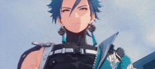 a close up of a person with blue hair holding a sword