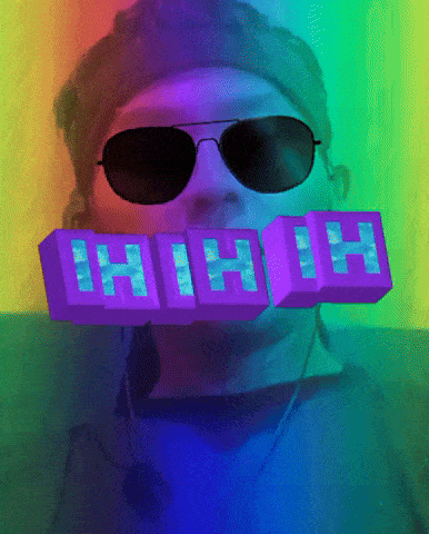a man wearing sunglasses and headphones has a purple sign in front of his mouth that says high