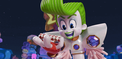 a cartoon character with green hair is holding a red heart in his hand