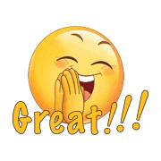 a laughing smiley face is covering its mouth with its hands and the words great written below it .