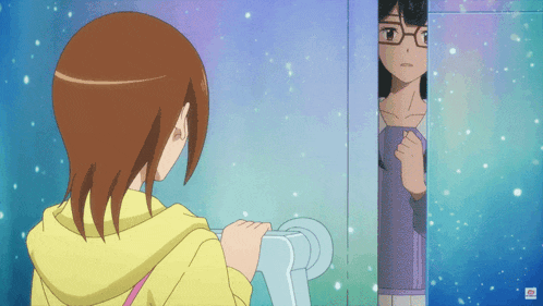 a girl with glasses is standing in a doorway