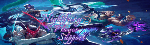a poster for nightfury player support shows a man in a top hat holding a sword