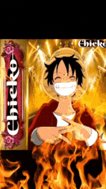 a picture of monkey d luffy from one piece with flames behind him
