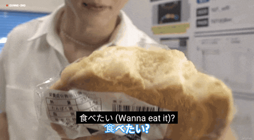 a person holding a piece of bread that says wanna eat it on it